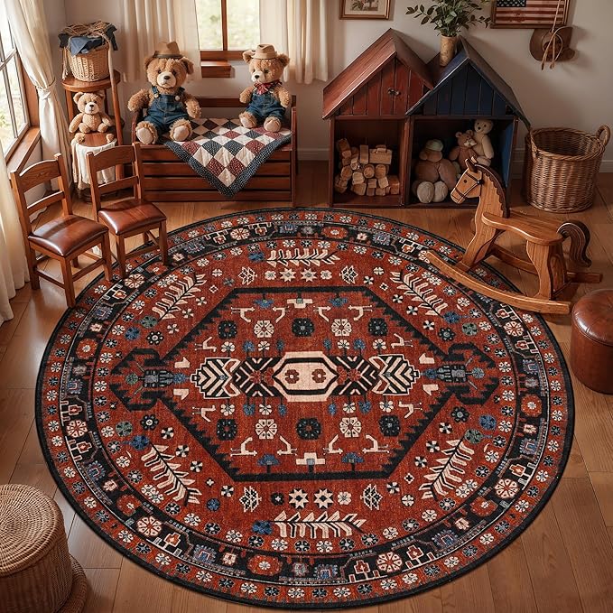 Ciicool 6ft Round Area Rug for Bedroom,Washable Large Circle for Kitchen | Vintage Non-Slip Low-Pile Oriental Indoor Red/black Mat Soft Boho Entry Carpet for Entryway Bedside Living Room Dining Room