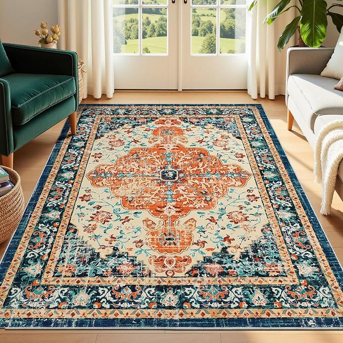 U'Artlines Boho Vintage Area Rug 5x7 Machine Washable Carpet,Orange/Multi | Low Pile, Non Slip, Ultra-Thin Soft Floor Carpet, Accent Rug for Living Room Bedroom Entryway Dining Room Office