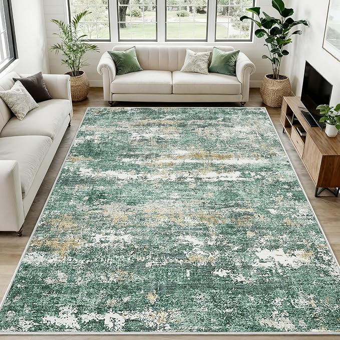 ROYHOME 9x12 Rugs for Bedroom Abstract Area Rugs Living Room, Green | Machine Washable Indoor Large Floor Carpet with Non Slip Backing Stain Resistant