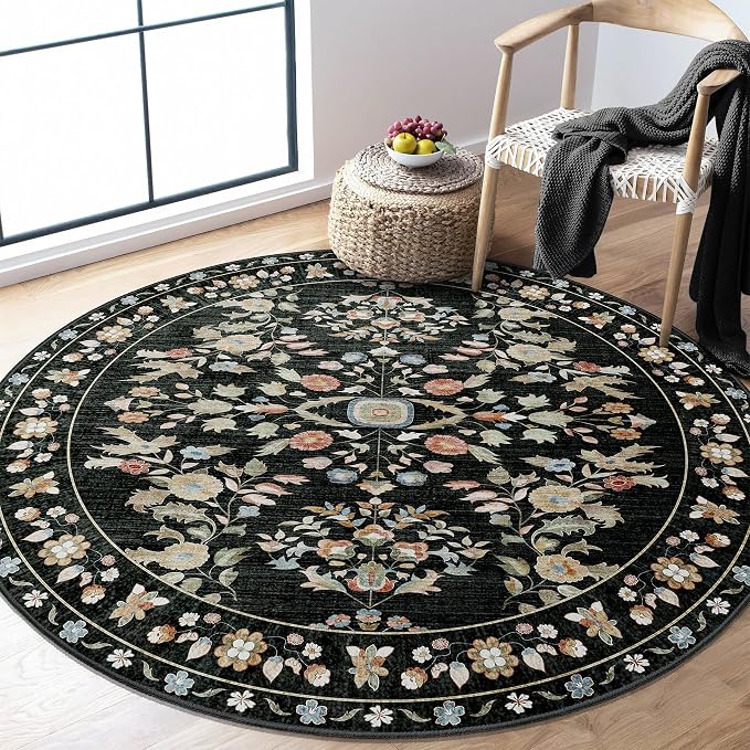 Round Rugs 5ft Circle Area Rug Washable Non Slip Ultra-Thin Floral | Machine Washable Circular Throw Carpet for Living Room Bedroom Dining Room Floor Indoor Low Pile Boho Vintage Black