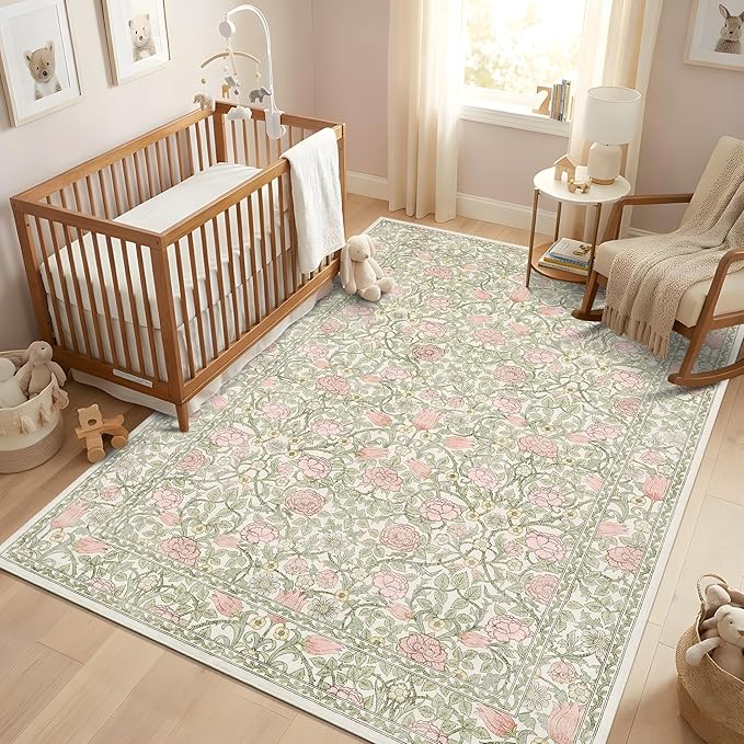 GarveeHome Pink Green Beige Floral Washable Rug 5x7 for Bedroom Living Room | Girls Dorm Nursery Office Rug Vintage Boho Rugs Low-Pile Non-Slip Stain Resistant TPE Backing