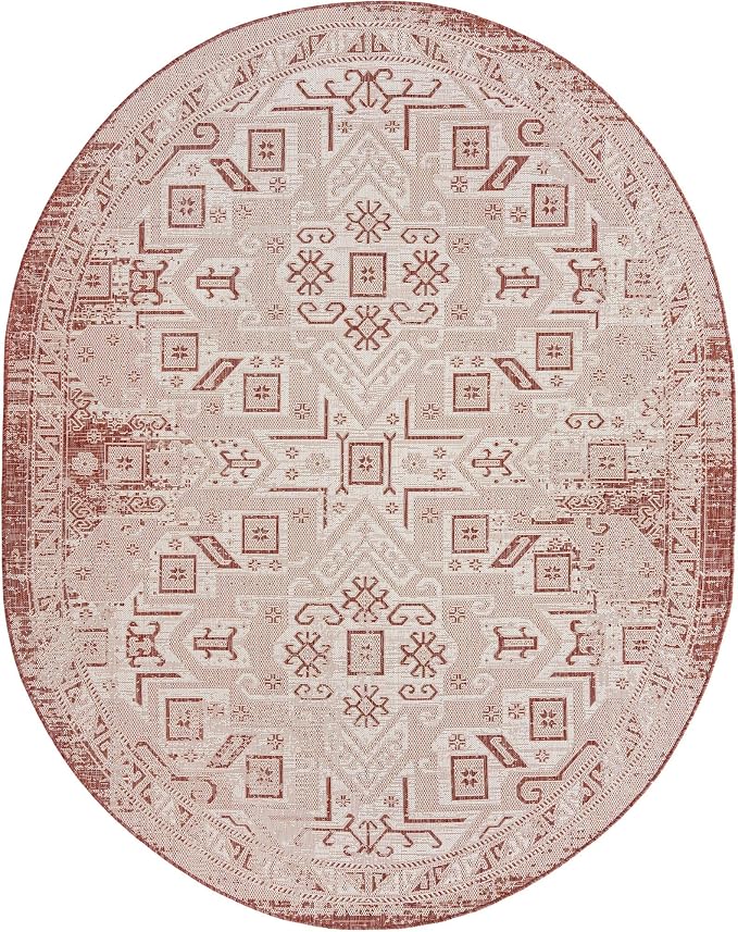 Unique Loom Outdoor Aztec Collection Area Rug - Coba (7' 10" x 10' Oval, Rust Red/ Ivory)