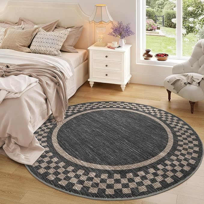 GarveeHome 6ft Washable Round Rug for Entryway Checkered Bedroom Circle Rug | Non Slip Soft Dining Room Round Throw Carpet Large Stain Resistant Border Round Rugs for Living Room Kitchen Bathroom, Black