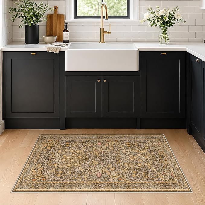 Brown Washable 2x4 Entry Rug - Front Door Rugs Indoor, Vintage Floral Style Small Rug for Kitchen, Bathroom, Non-Slip Boho Gold Entryway Décor