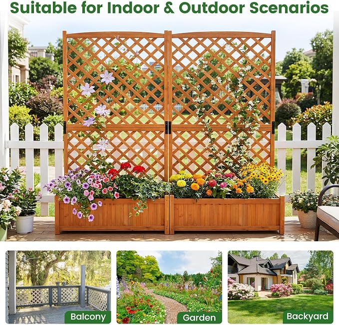 Giantex 2 Pcs Raised Garden Bed with Trellis, 71" Wooden Elevated Planter Box, High Trellis for Plant Flower Climbing Pot Hanging, Indoor & Outdoor Planter Box for Yard, Garden, Balcony