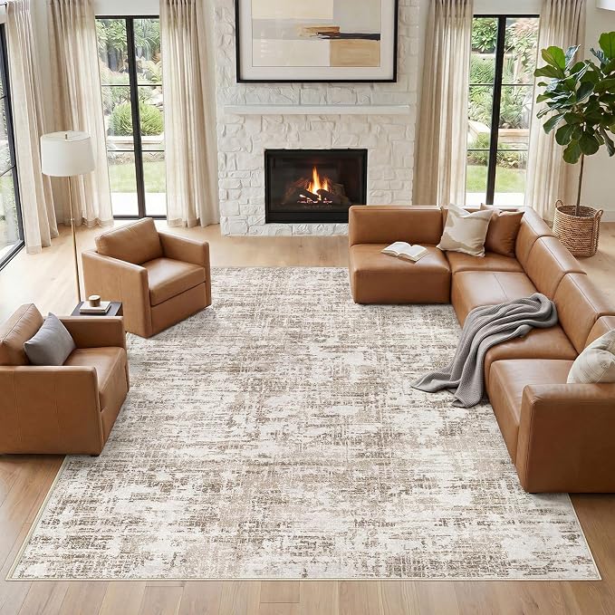 Nakagishi 10X14 Abstract Washable Area Rugs for Living Room-Brown-02 | Modern Non-Slip Silicone Backing Low Pile Soft Carpet for Bedroom Dining Decor Ideal for Families with Kids and Pets