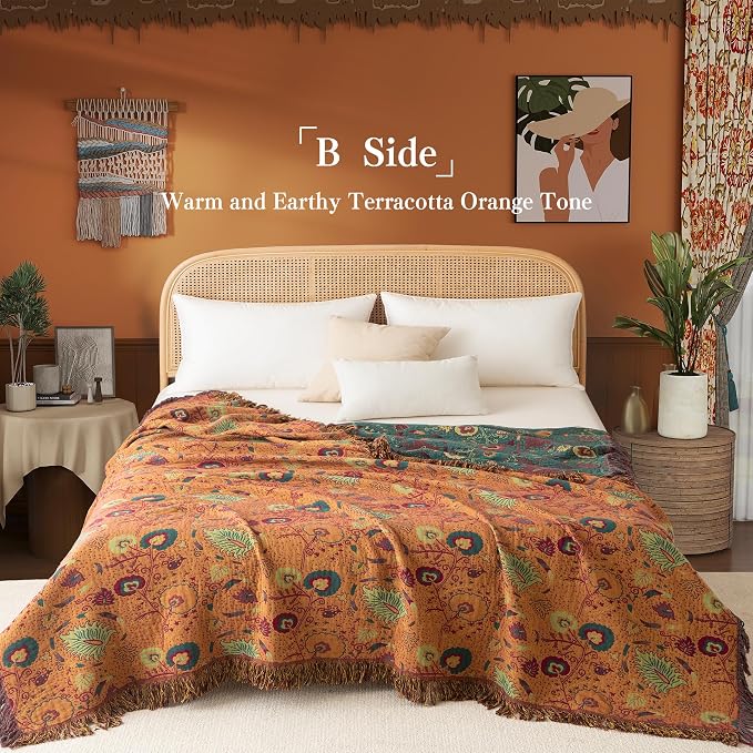 Phuryllic Boho Throw Blanket Twin Size, Soft Cozy Cotton Muslin Quilt Blanket for Bed Decor, Floral Patterned Couch Sofa Chair Cover, Vintage Farmhouse Cottage Tapestry Woven Blanket, Green&Orange