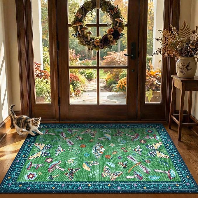 ROYHOME Mushroom Insect Washable 2x3 Rug for Entryway Door Mat Blue Green | Kitchen Bathroom Bedroom Small Bug Moth Cute Funky Cottage Core Whimsical Boy Rugs Low-Pile Non-Slip TPE Backing