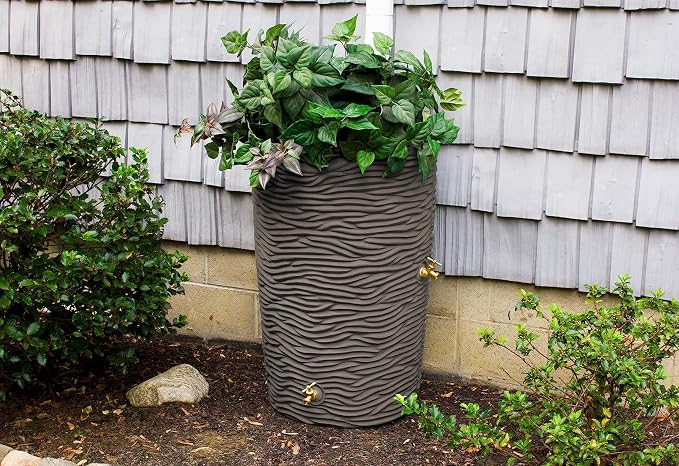 Good Ideas Impressions 50-Gallon Rain Saver Barrel Faux Palm Trunk Surface, Dual Spigot Locations with 2 Brass Spigots and Screen, Oak