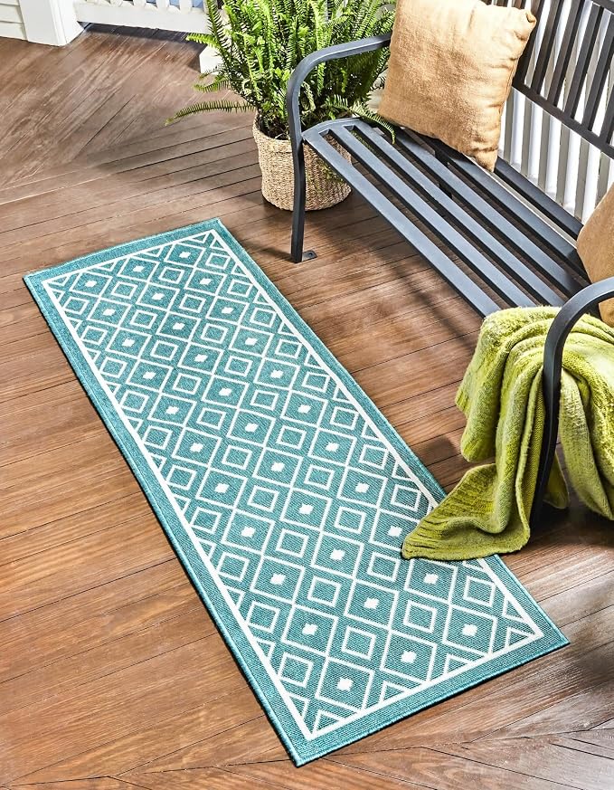 Unique Loom Outdoor Trellis Collection Area Rug - Kafes (2'x 6' 1" Runner, Teal/ Ivory)