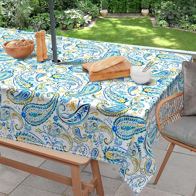 Outdoor Tablecloth with Umbrella Hole and Zipper, Rectangle Patio Table Covers for Spring/Summer, Machine Washable Outdoor Picnic Table Cloth (Paisley, 60" × 102" Rectangular)