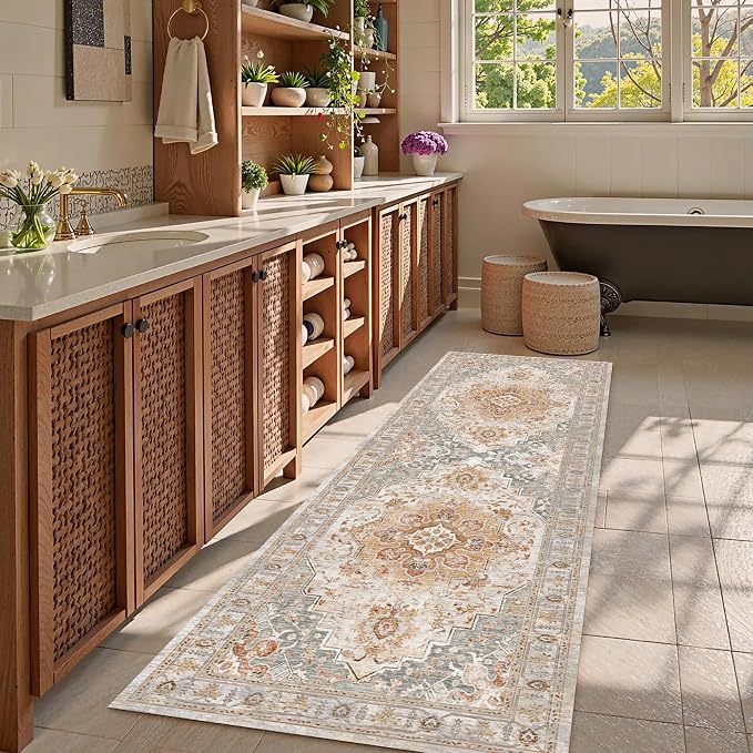 Washable Area Rug 2'6'' x 8' Vintage Traditional Persian Mat - Foldable Distressed Non-Slip Machine Washable Carpet for Living Room Bedroom Kitchen Home Decor - Dove Gray and Coral