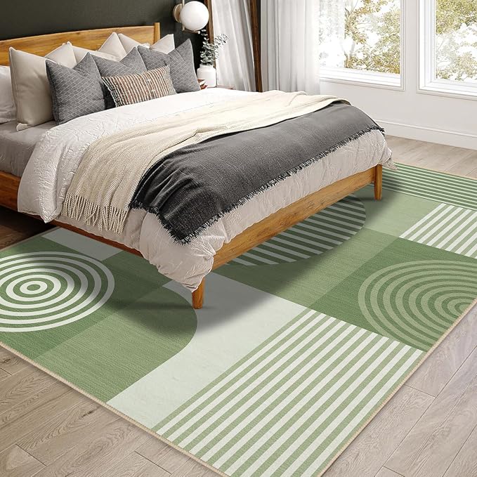 Green Geometric Area Rug 4x6 for Living Room Rug Machine Washable Minimalist Line Mid Century Modern Rugs Non Slip Low Pile Indoor Floor Carpet for Bedroom Dining Room Laundry Office,Green