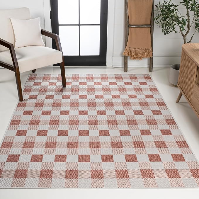 JONATHAN Y Geometric Bold Gingham Indoor Outdoor Area Rug 5X8 Salmon/Cream, Darcy Traditional for Backyard, Patio, Porch, Easy-Cleaning, High Traffic, Pet-Friendly, Non-Shedding (TSN201B-5)