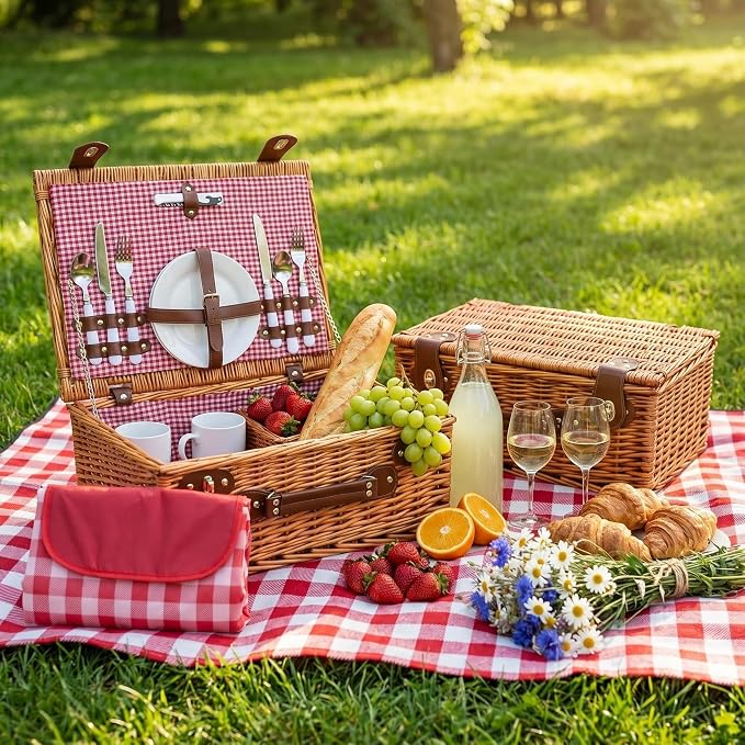Multifunctional Wicker Picnic Basket Set for 2 Adults with Picnic Table and Blankets,Large Insulated Picnic Set with Wine Pouch and Full Tablewares for Camping Outdoor Couples Beach Wedding,Pink