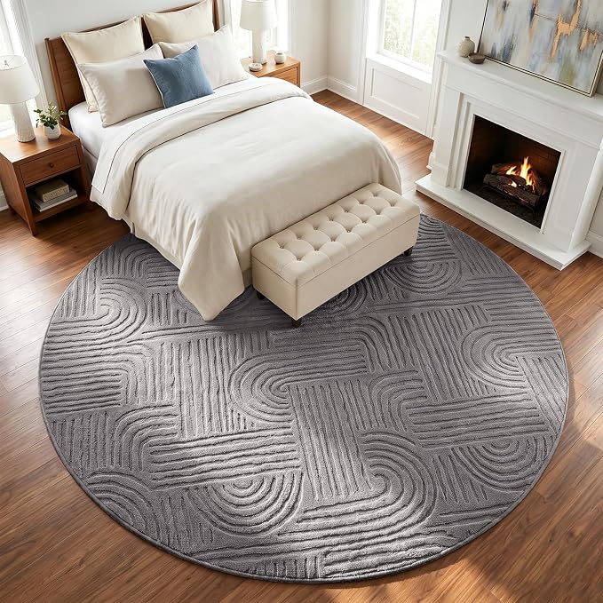 Etwel 6.5 ft Dark Gray Geometric Textured High-Low Pile Washable Round Rug | Modern Soft Carpet, Non-Slip PVC Backing, Low Profile, Kid and Pet Friendly, for Living Room, Bedroom, Dining Room, Nursery