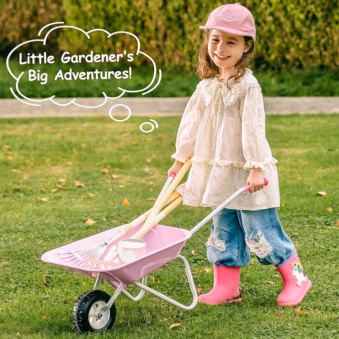 ROBUD Kids Wheelbarrow with Gardening Tools Set-9pcs Metal Toddler Wheelbarrow, Garden Tools, Watering Can, Plant Labels– Child Outdoor Toy for Ages 3+, Christmas Birthday Gifts for Boys Girls(Pink)
