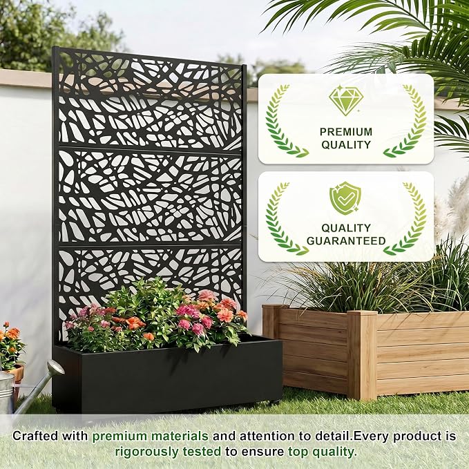 Casaphoria Metal Raised Garden Bed with Trellis and Wheels, 72"x47"x16" Planter Box for Climbing Plants, Vegetables & Vines, Features Drainage Holes and Privacy Screen (Black-Net)