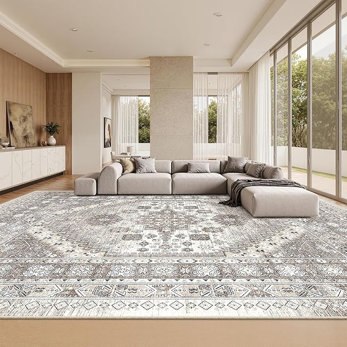 10x14 Area Rugs for Living Room,Large Washable Rug,Brown | Rugs for Bedroom,Dining Room,Office,Low Pile,Soft, Vintage Rug,Stain Resistant Indoor Carpet,Non Slip,Home Decor