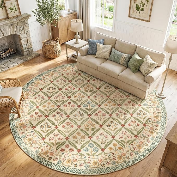 jinchan Round Rug 8ft Vintage Floral Washable Circle Area Rug, Teal Blue | Soft & Lightweight, Checkered Floral, Low Pile, Non Slip, Dining Room, Living Room, Bedroom, Girls Room, Kids Room Decor