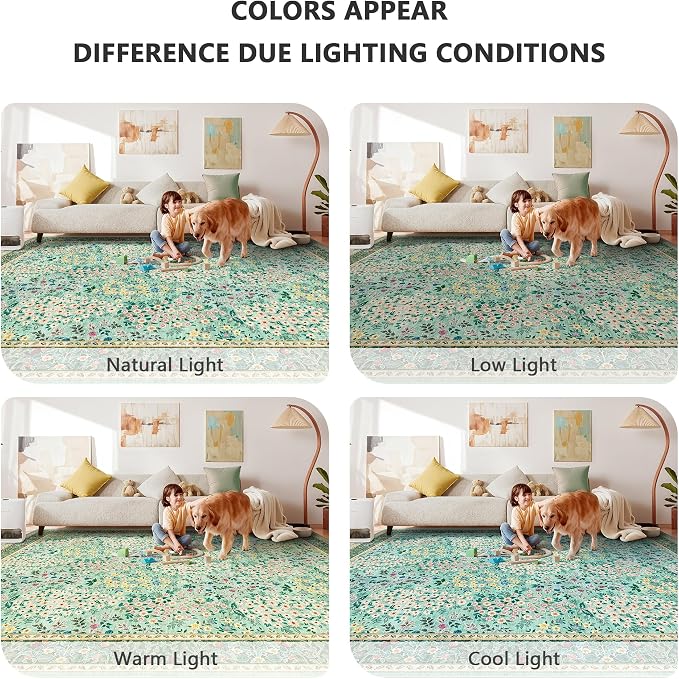 6x9 Area Rugs, Washable Floral Area Rugs for Living Room, Indoor Area Rug for Bedroom, Dining Room, Low Pile Non-Slip Non Shedding Rug(Green Floral)