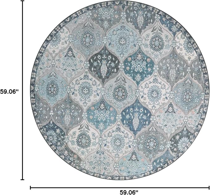 Lahome Moroccan Trellis Round Rug, 5ft, Blue, Faux Wool, Machine Wash, Non-Slip Backing, Low Pile, Floral Pattern, Area Rug for Bedroom, Living Room, Bathroom | Ultra-Thin Small Boho Circle Carpet for Entryway Kitchen Bedroom Nursery Bathroom Vionnet, ...