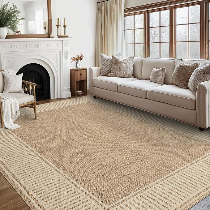 GarveeHome Washable Area Rug 10x13 Modern Bordered Large Living Room Rugs | Bedroom Throw Carpet with Rubber Backing Low Pile Stain Resistant Contemporary Rug for Dining Room Home Office, Khaki