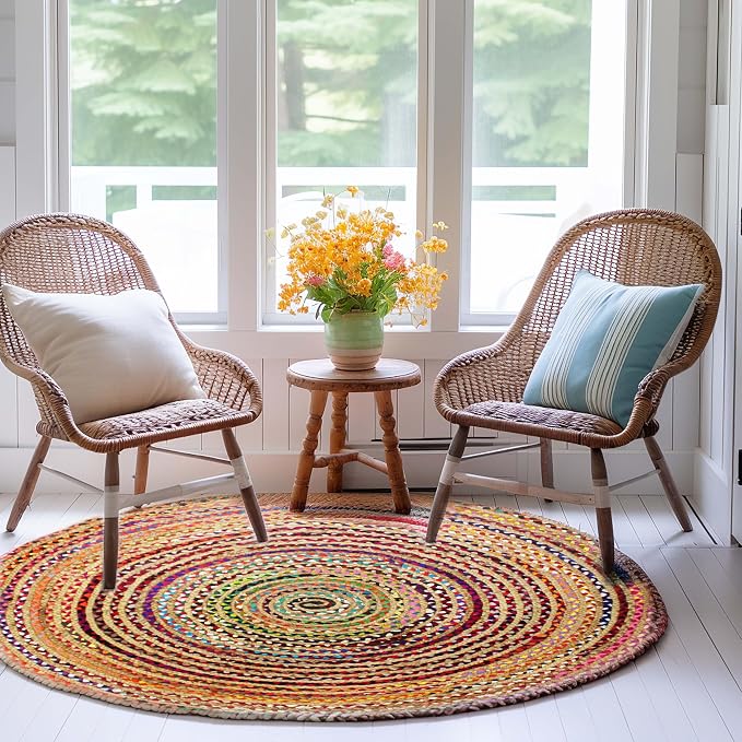 Cotton Craft Jute & Cotton Multi Chindi Braid Rug, Hand Woven Reversible, 4-Feet, Colors may Vary | Handwoven Reversible Jute & Natural Recycled Cotton Boho Farmhouse Rustic Area Accent Throw Rug - Living Room Home Décor