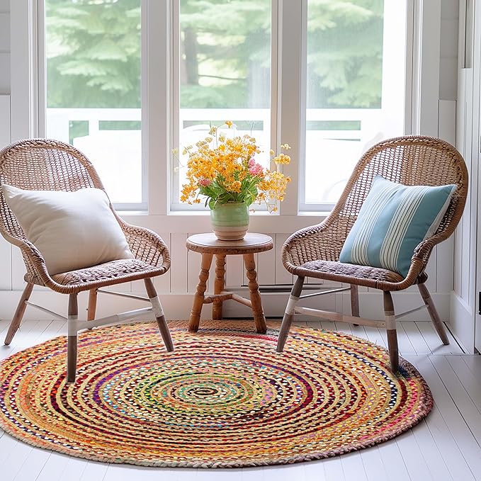 COTTON CRAFT Jute Chindi Braid Rag Rug - 3 Feet Round Multi Color Area Rug | Handwoven Reversible Jute & Natural Recycled Cotton Boho Farmhouse Rustic Area Accent Rug - Living Room Carpet Home Décor