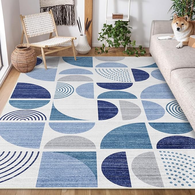 5x7 Area Rugs Washable,Blue Boho Rugs Non Slip Modern Abstract | Large Throw Carpet for Living Room Bedroom Dining Room Soft Low Pile Floor Indoor Bohemian Navy Blue