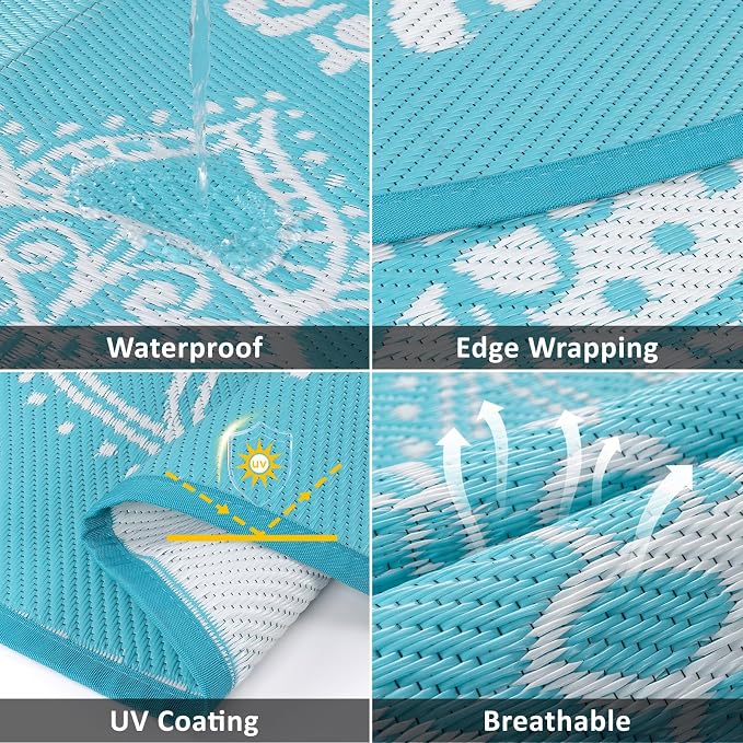 Pauwer Waterproof Outdoor Rug 8ft, Reversible Plastic Straw Patio Camping Rug, Indoor Outdoor RV Mat Carpet for Deck, Camper, Porch, Balcony, Backyard, Picnic, Floral Teal