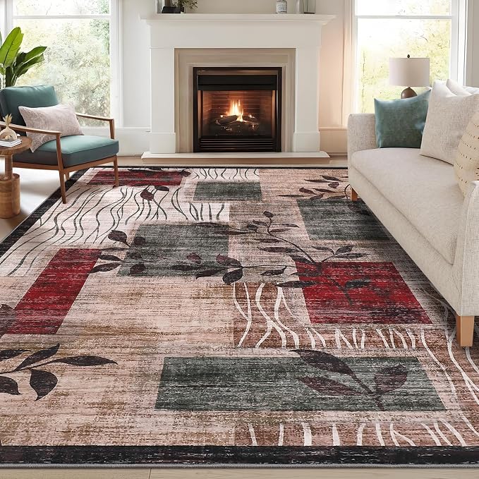 GarveeHome Washable 5x7 Rug Modern Geometric Floral Rug Machine Washable Non-Slip Carpets for Living Room Bedroom Kitchen Dining Room, Low-Pile Non-Shedding Floor Carpet Brown Red 5x7