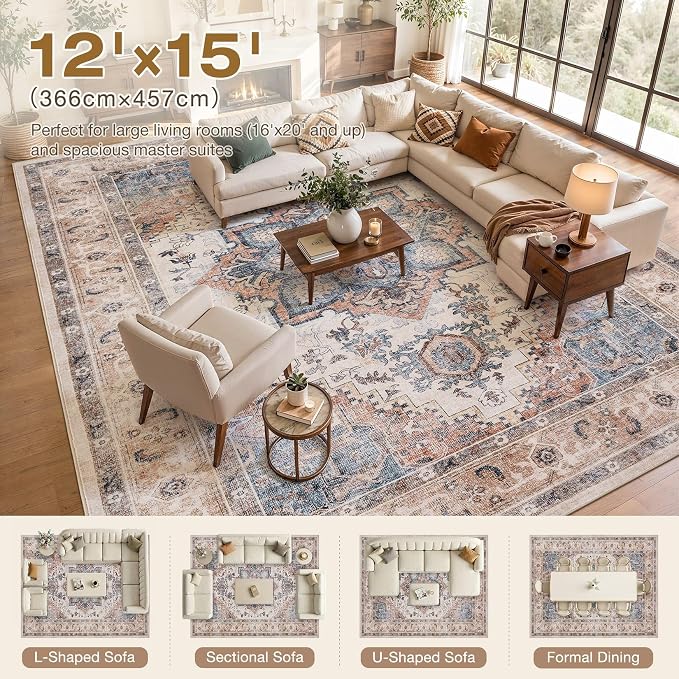 DTICON Vintage Washable 12x15 Area Rug Living Room Rugs, Camel | Boho Distressed, Pet & Kid Friendly, Non-Slip Backing, Soft Polyester, Low-pile Carpet for Living Room, Bedroom, Dining Room