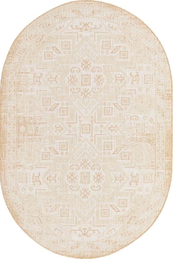 Unique Loom Outdoor Aztec Collection Area Rug - Coba (5' 3" x 8' Oval, Natural/ Ivory)