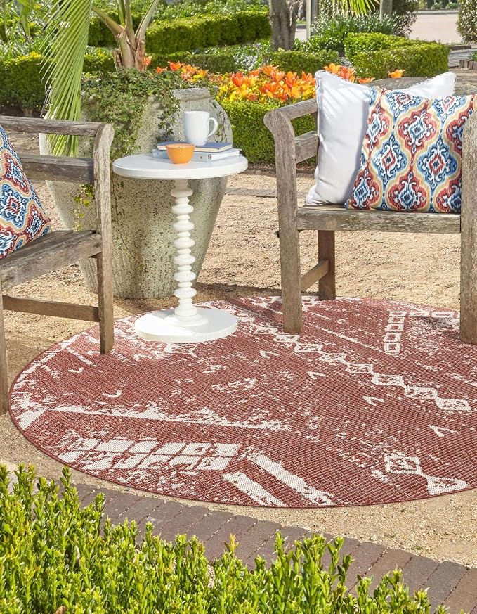 Unique Loom Outdoor Bohemian Collection Area Rug - Anthro (13' Round Rust Red/Ivory)