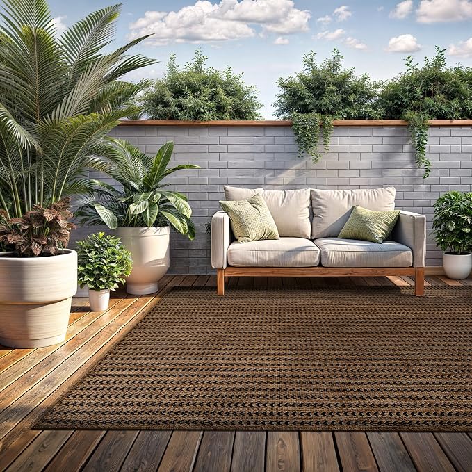 Washable Outdoor Rug 10x14 Modern Area Rugs Outdoor Carpets Striped Pattern Non Shedding Waterproof Easy Clean Patio Deck Porch Living Room Bedroom Garden RV (10 X 14 Gold)