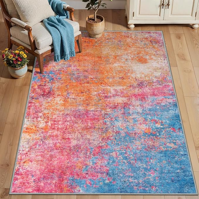 Tangsoo Colorful Abstract 3x5 Washable AreaRug, Modern Non Slip Accent Rugs | Contemporary Indoor Print Carpet, Soft Low Pile Foldable Rugs for Living Room Bedroom Bedside Entryway Orange Pink Home Decor