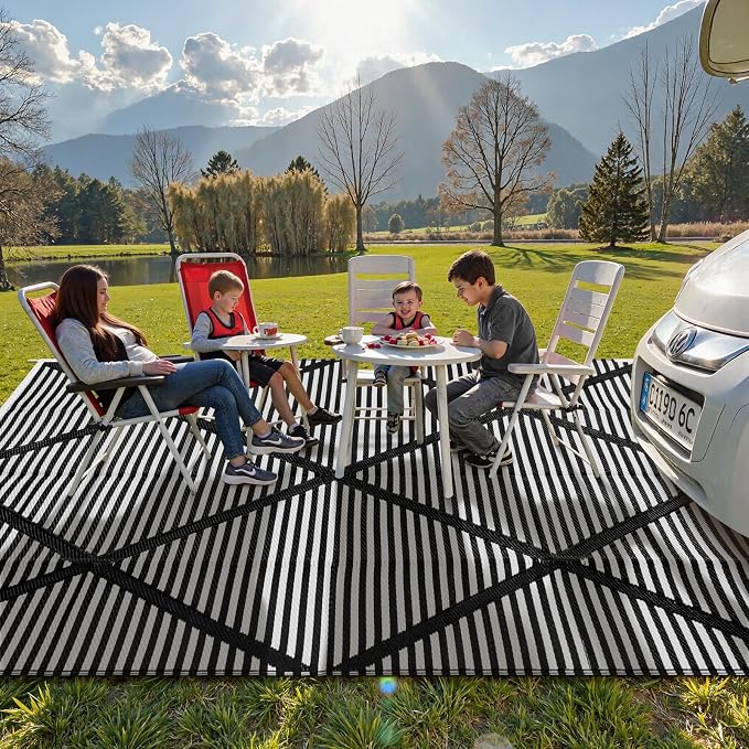 Lahome 9x12 Outdoor Rug Waterproof, Plastic Straw Reversible Outdoor Patio Rug, Modern Portable Outside Camping Mats for Balcony Tent Deck Backyard, Black 9'x12'
