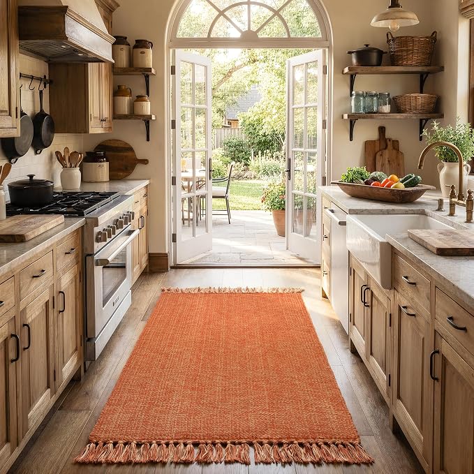 3' x 5' Fall Terracotta Indoor Outdoor Rug Farmhouse Entryway Rugs | Hand-Woven Washable Kitchen Rugs, Low-Profile Front Door Mat, Braided Throw Carpet for Bedside Nursery Porch Fall Decor