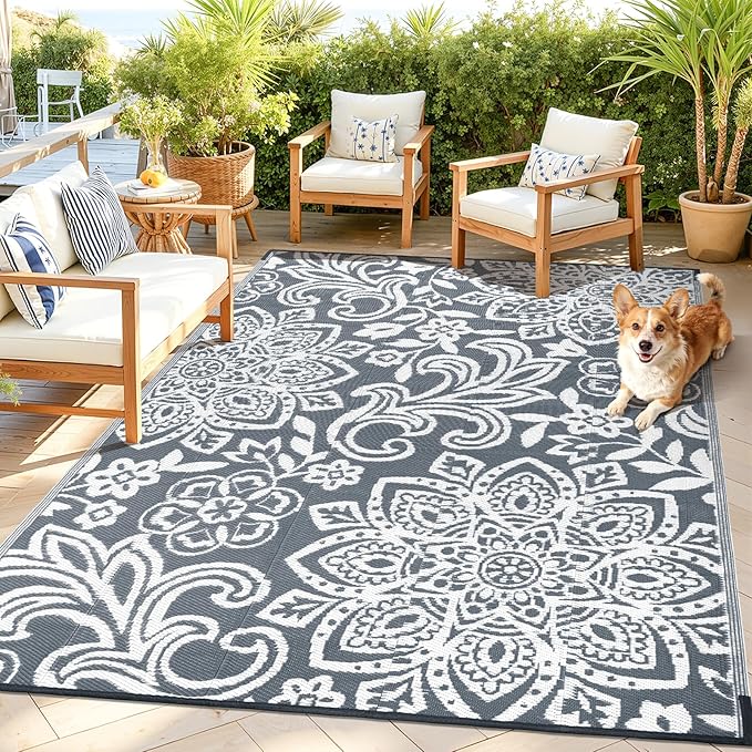 Findosom Waterproof Outdoor Rug 6' x 9' - Reversible Mandala Outdoor Plastic Straw Rug, Durable Foldable Patio Rug for RV, Deck, Balcony, Backyard, Picnic, Porch, Camping, Beach, Gray