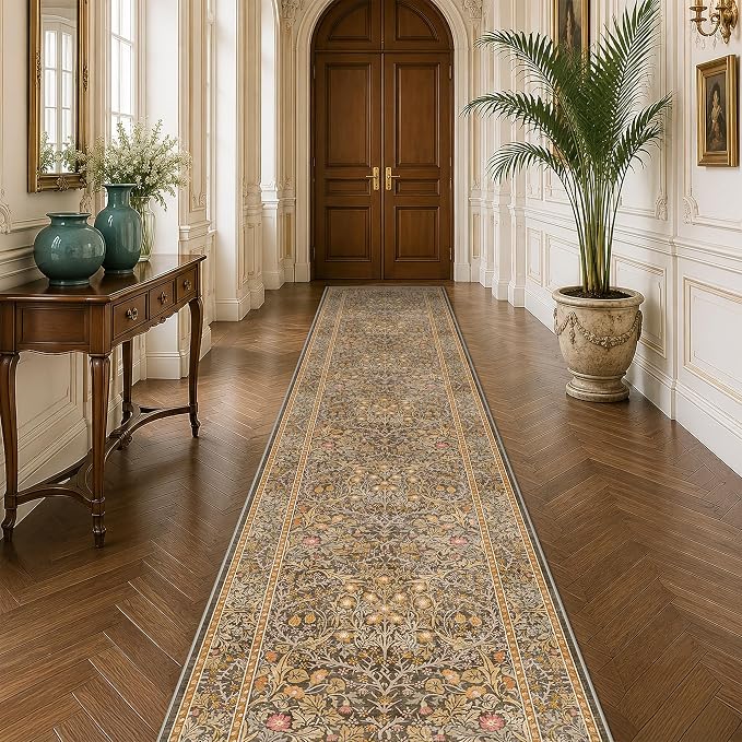 Brown 2'6" x 10' Hallway Runner Rug Non Slip - Washable Kitchen Rug Stain Resistant, 10ft Extra Long Thin Entryway Indoor Mats, Soft Boho Vintage Gold Brown Floral Indoor Carpet Runner Décor Low Pile