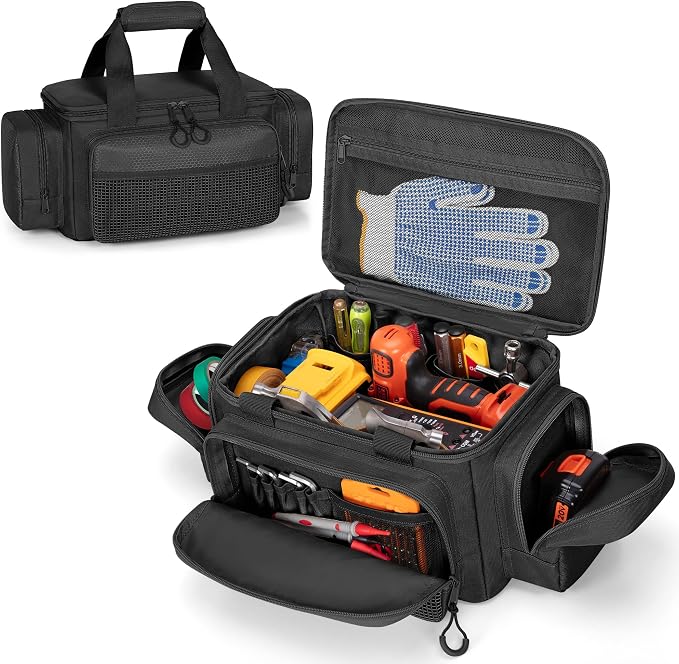 Small Tool Bag With Anti-Friction Bottom, 12-Inch Tool Organizer | Large Capacity, Top Full-Opening, Multiple Pockets, Padded Handles, Small Tool Box for Gardener, Technician, Electrician
