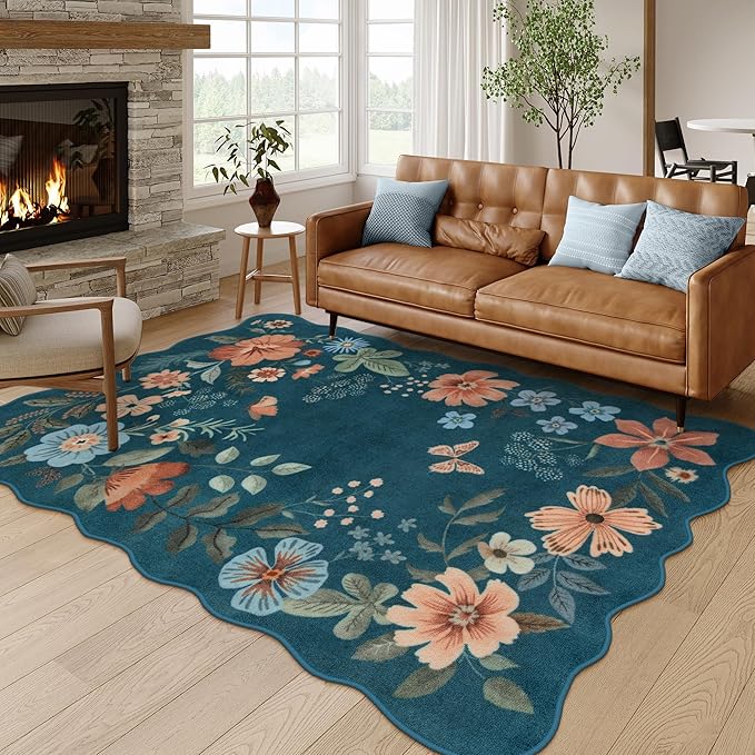 Lahome Floral Washable Area Rugs 5x7, Soft Navy Blue Rugs for Living Room | Scalloped Bedroom Ultra-Thin Non-Slip Stain Resistant Throw Boho Carpet for Nursery Classroom Flore, Light, Pink