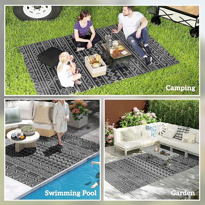 Outsunny Outdoor Rug for Patio, 6' x 9' Waterproof Large Mat, Reversible Plastic Straw Rug for Decor, Portable Outside RV Camping Area Carpet Mat for Backyard Porch Deck Picnic, Black Gray Geometric