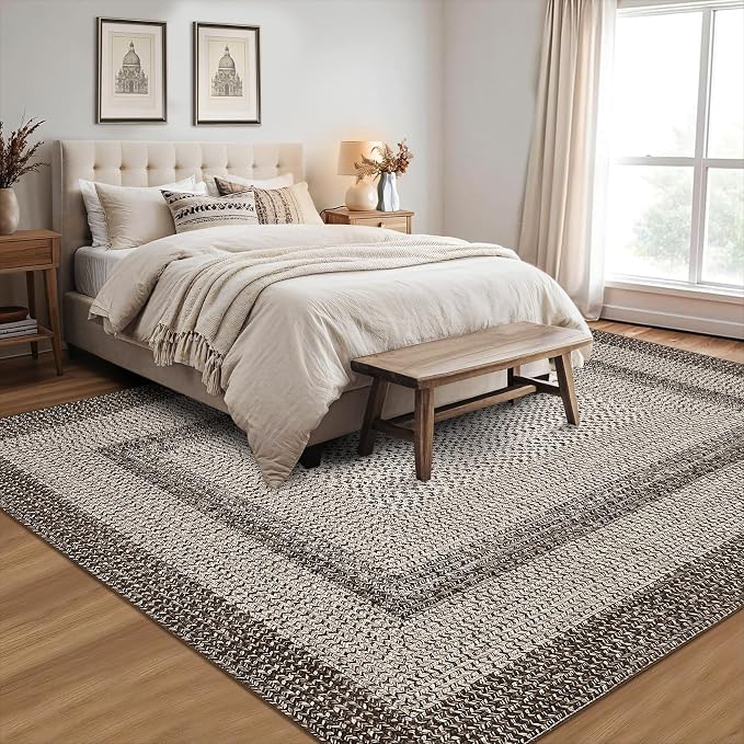 RUGSREAL 10x13 Large Living Room Rug Washable Braided Print Bedroom Rugs | Throw Carpet Farmhouse Rustic Dining Room Non Slip Geometric Bordered Carpet for Home Decor Office, Mocha