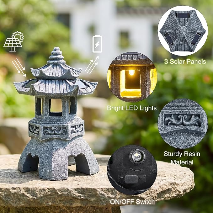 Solar Zen Garden Statue, Pagoda Lantern with 3 Solar Panels, Outdoor Decor for Landscape Patio, Balcony and Yard, Gift for Women Mom and Gramma