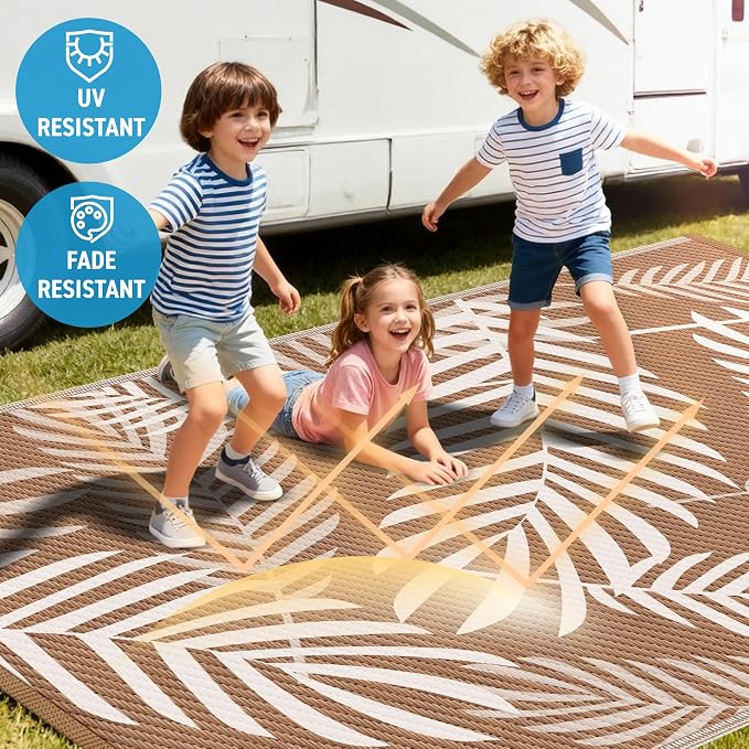 Kohree Outdoor Rug Waterproof 8x10, Reversible Outdoor Plastic Straw Rug with Leaf Pattern, Easy-Cleaning RV Mat Carpet for for Patio, Camping, Balcony, Deck, Backyard, Brown & Beige