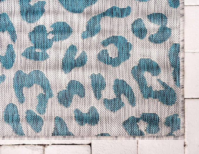 Unique Loom Outdoor Safari Collection Area Rug - Leopard (6' 1" x 9' Rectangle, Teal/ Ivory)