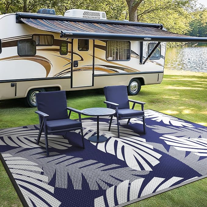 GENIMO Waterproof Outdoor Rug 9' x 12' for Patio Decor, Reversible Plastic Straw Area Rugs for Camping Clearance, RV Mat, Large Outside Carpet for Porch, Deck, Picni, Balcony, Garden, Blue & White