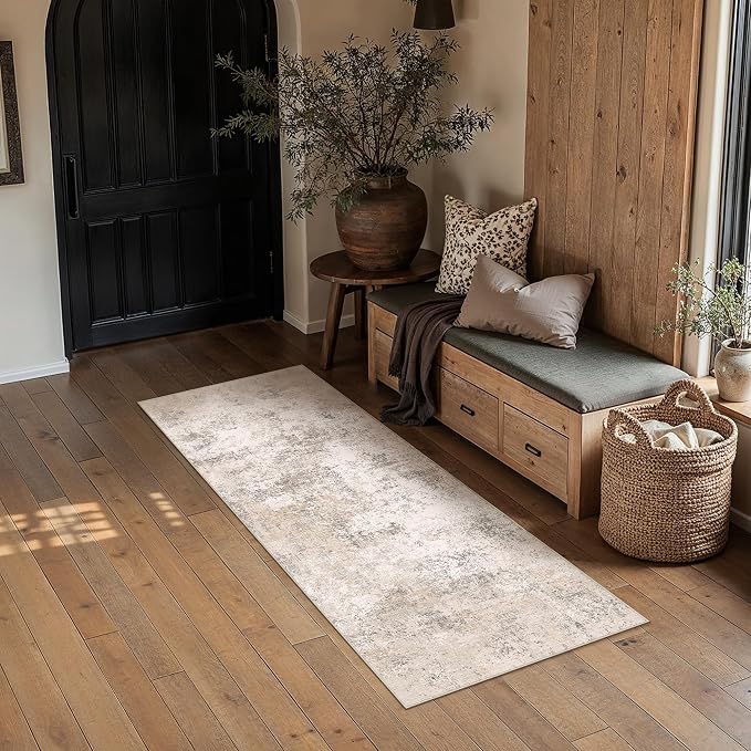 2x6 Beige Modern Abstract Washable Runner Rug for Hallway | Low Pile, Non Slip, Modern Abstract Style, Soft Hallway Runner Rug for Kitchen, Entryway, Laundry Room, Home Decor